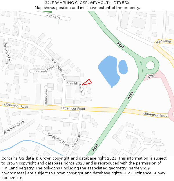 34, BRAMBLING CLOSE, WEYMOUTH, DT3 5SX: Location map and indicative extent of plot