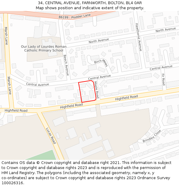 34, CENTRAL AVENUE, FARNWORTH, BOLTON, BL4 0AR: Location map and indicative extent of plot