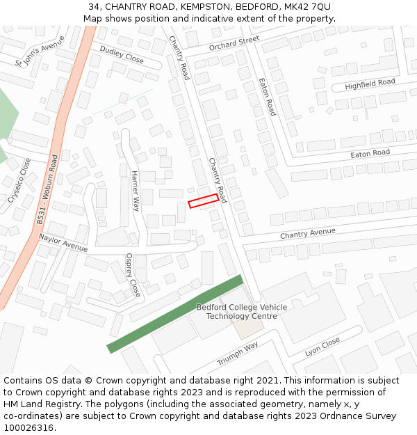 34, CHANTRY ROAD, KEMPSTON, BEDFORD, MK42 7QU: Location map and indicative extent of plot