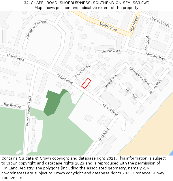 34, CHAPEL ROAD, SHOEBURYNESS, SOUTHEND-ON-SEA, SS3 9WD: Location map and indicative extent of plot
