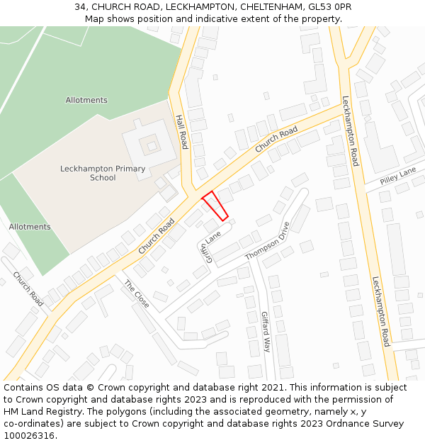 34, CHURCH ROAD, LECKHAMPTON, CHELTENHAM, GL53 0PR: Location map and indicative extent of plot