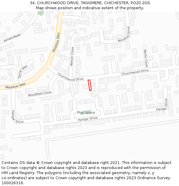 34, CHURCHWOOD DRIVE, TANGMERE, CHICHESTER, PO20 2GS: Location map and indicative extent of plot