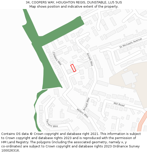 34, COOPERS WAY, HOUGHTON REGIS, DUNSTABLE, LU5 5US: Location map and indicative extent of plot