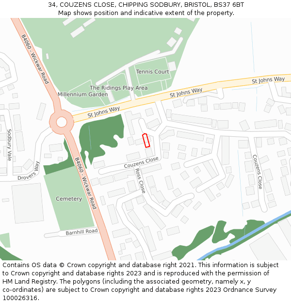 34, COUZENS CLOSE, CHIPPING SODBURY, BRISTOL, BS37 6BT: Location map and indicative extent of plot