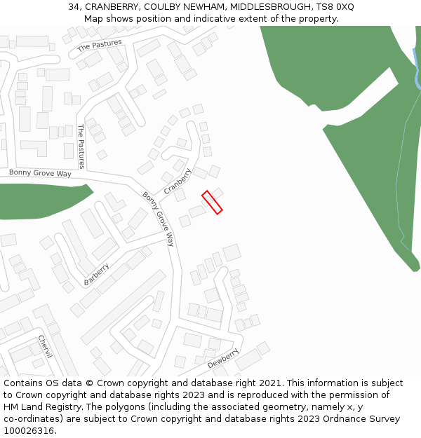 34, CRANBERRY, COULBY NEWHAM, MIDDLESBROUGH, TS8 0XQ: Location map and indicative extent of plot