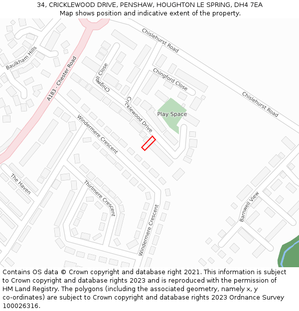 34, CRICKLEWOOD DRIVE, PENSHAW, HOUGHTON LE SPRING, DH4 7EA: Location map and indicative extent of plot