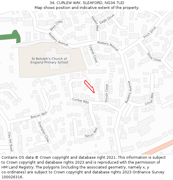 34, CURLEW WAY, SLEAFORD, NG34 7UD: Location map and indicative extent of plot