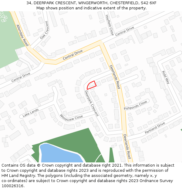 34, DEERPARK CRESCENT, WINGERWORTH, CHESTERFIELD, S42 6XF: Location map and indicative extent of plot