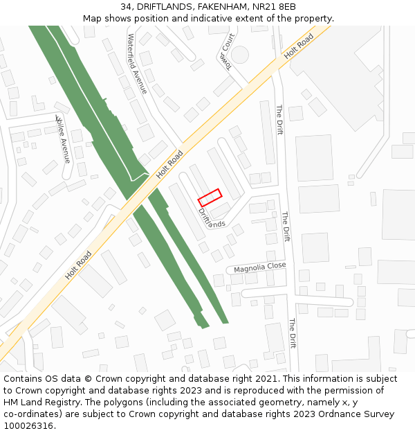34, DRIFTLANDS, FAKENHAM, NR21 8EB: Location map and indicative extent of plot