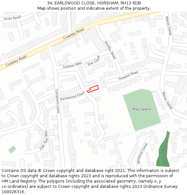 34, EARLSWOOD CLOSE, HORSHAM, RH13 6DB: Location map and indicative extent of plot