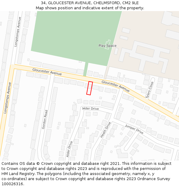 34, GLOUCESTER AVENUE, CHELMSFORD, CM2 9LE: Location map and indicative extent of plot