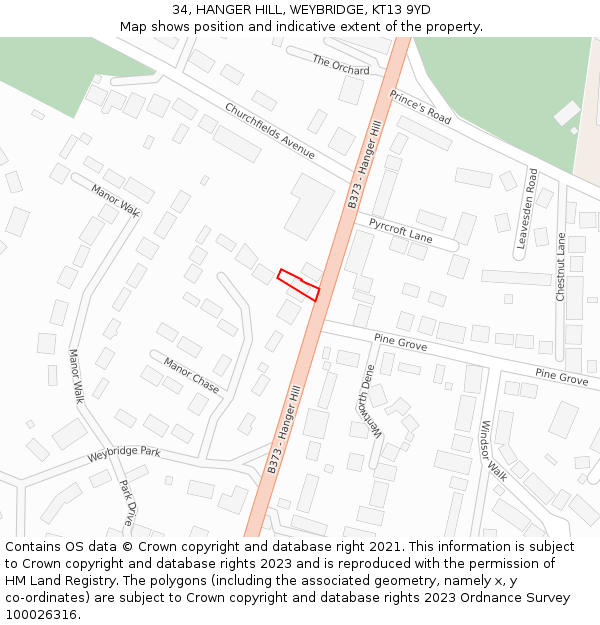 34, HANGER HILL, WEYBRIDGE, KT13 9YD: Location map and indicative extent of plot