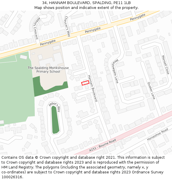 34, HANNAM BOULEVARD, SPALDING, PE11 1LB: Location map and indicative extent of plot