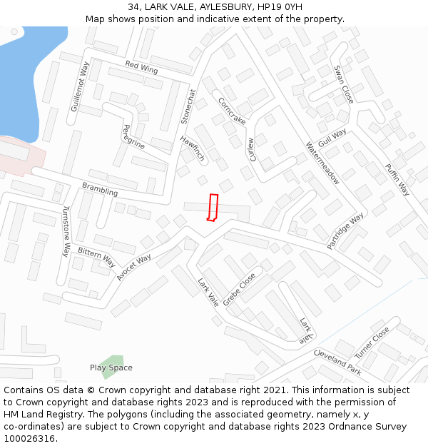 34, LARK VALE, AYLESBURY, HP19 0YH: Location map and indicative extent of plot