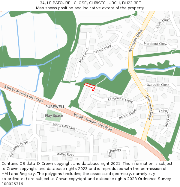 34, LE PATOUREL CLOSE, CHRISTCHURCH, BH23 3EE: Location map and indicative extent of plot