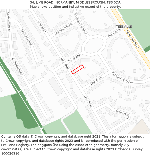 34, LIME ROAD, NORMANBY, MIDDLESBROUGH, TS6 0DA: Location map and indicative extent of plot