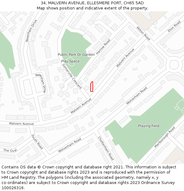 34, MALVERN AVENUE, ELLESMERE PORT, CH65 5AD: Location map and indicative extent of plot