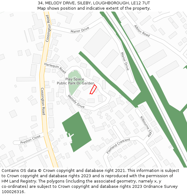 34, MELODY DRIVE, SILEBY, LOUGHBOROUGH, LE12 7UT: Location map and indicative extent of plot