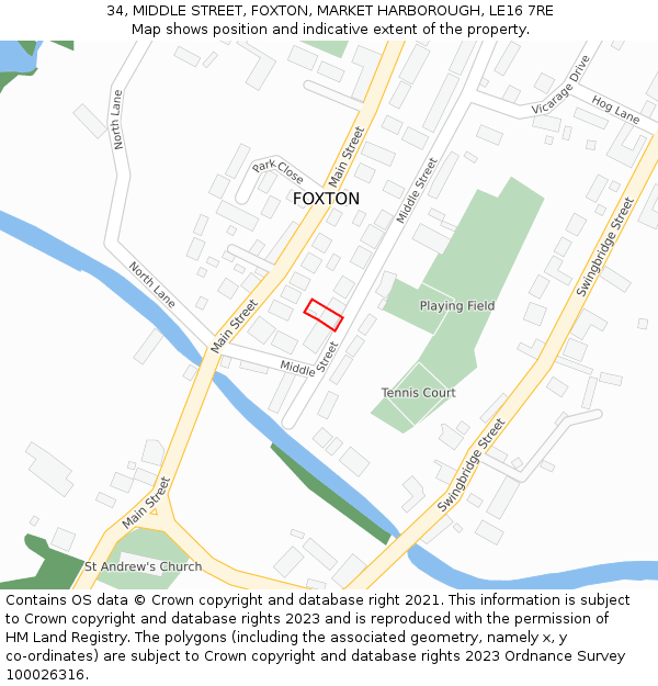 34, MIDDLE STREET, FOXTON, MARKET HARBOROUGH, LE16 7RE: Location map and indicative extent of plot