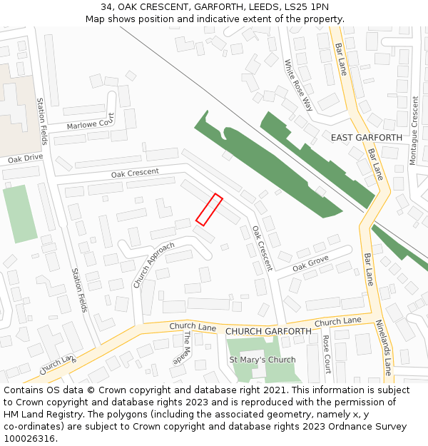 34, OAK CRESCENT, GARFORTH, LEEDS, LS25 1PN: Location map and indicative extent of plot