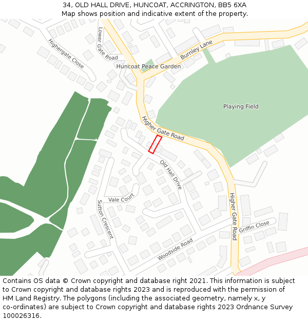 34, OLD HALL DRIVE, HUNCOAT, ACCRINGTON, BB5 6XA: Location map and indicative extent of plot