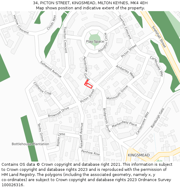 34, PICTON STREET, KINGSMEAD, MILTON KEYNES, MK4 4EH: Location map and indicative extent of plot