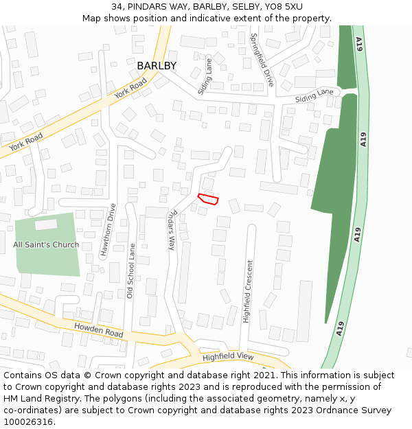 34, PINDARS WAY, BARLBY, SELBY, YO8 5XU: Location map and indicative extent of plot