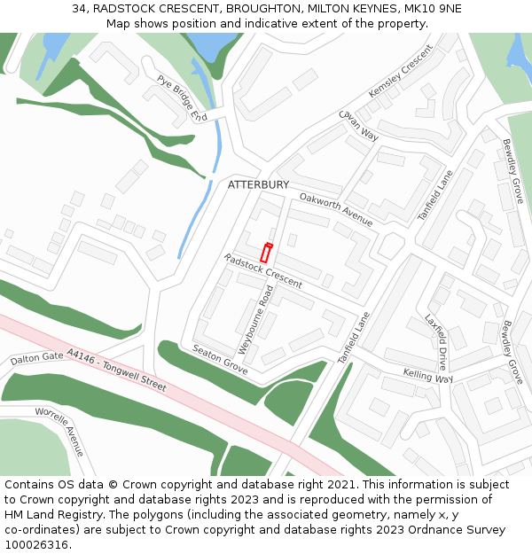 34, RADSTOCK CRESCENT, BROUGHTON, MILTON KEYNES, MK10 9NE: Location map and indicative extent of plot