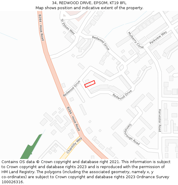 34, REDWOOD DRIVE, EPSOM, KT19 8FL: Location map and indicative extent of plot