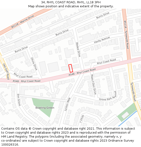 34, RHYL COAST ROAD, RHYL, LL18 3PH: Location map and indicative extent of plot