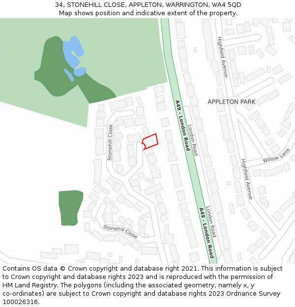 34, STONEHILL CLOSE, APPLETON, WARRINGTON, WA4 5QD: Location map and indicative extent of plot