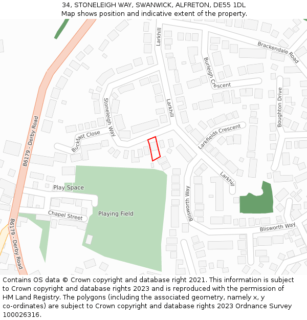 34, STONELEIGH WAY, SWANWICK, ALFRETON, DE55 1DL: Location map and indicative extent of plot