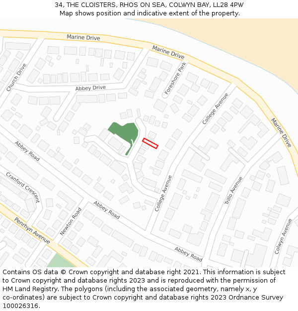 34, THE CLOISTERS, RHOS ON SEA, COLWYN BAY, LL28 4PW: Location map and indicative extent of plot