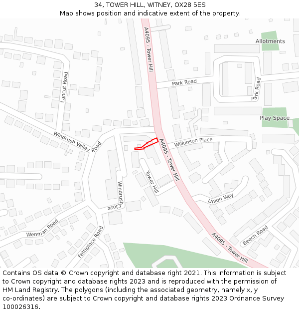 34, TOWER HILL, WITNEY, OX28 5ES: Location map and indicative extent of plot