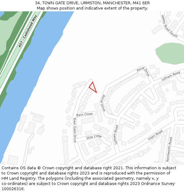 34, TOWN GATE DRIVE, URMSTON, MANCHESTER, M41 6ER: Location map and indicative extent of plot