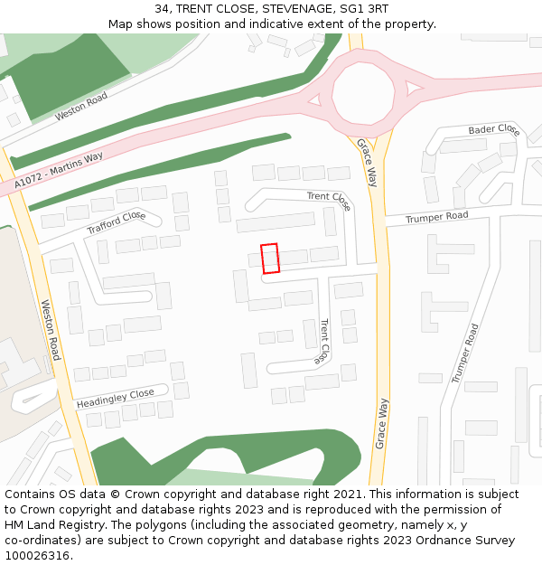 34, TRENT CLOSE, STEVENAGE, SG1 3RT: Location map and indicative extent of plot