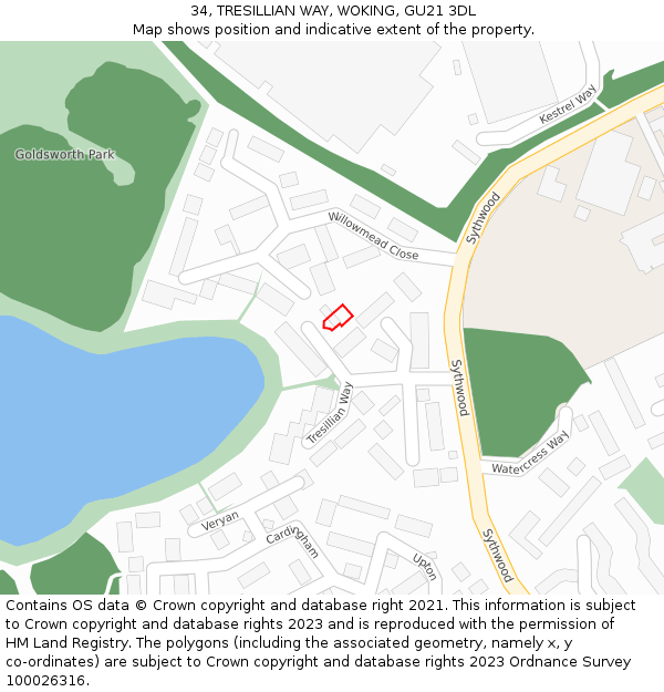 34, TRESILLIAN WAY, WOKING, GU21 3DL: Location map and indicative extent of plot