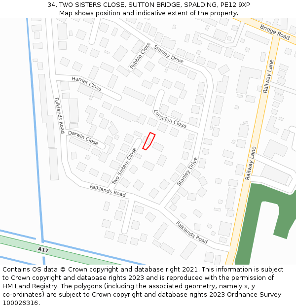 34, TWO SISTERS CLOSE, SUTTON BRIDGE, SPALDING, PE12 9XP: Location map and indicative extent of plot