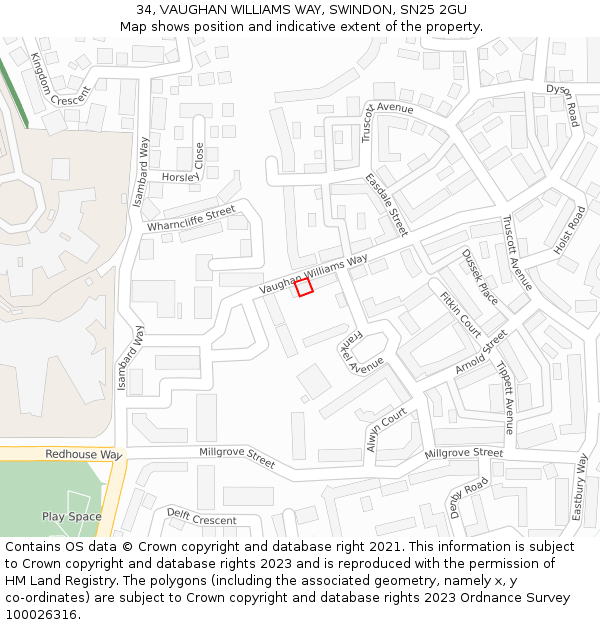 34, VAUGHAN WILLIAMS WAY, SWINDON, SN25 2GU: Location map and indicative extent of plot