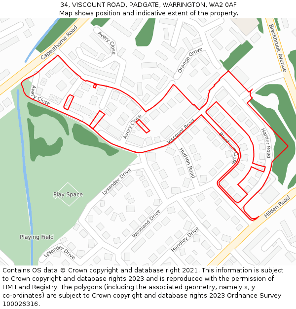 34, VISCOUNT ROAD, PADGATE, WARRINGTON, WA2 0AF: Location map and indicative extent of plot