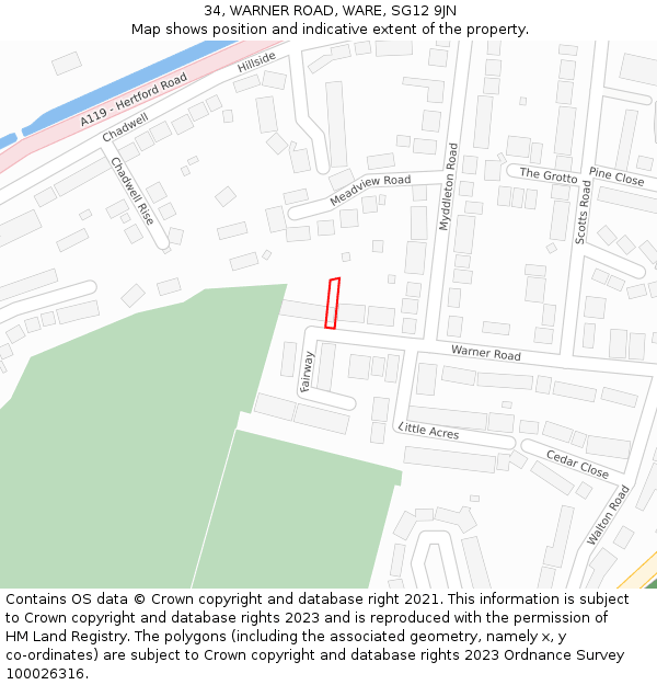 34, WARNER ROAD, WARE, SG12 9JN: Location map and indicative extent of plot