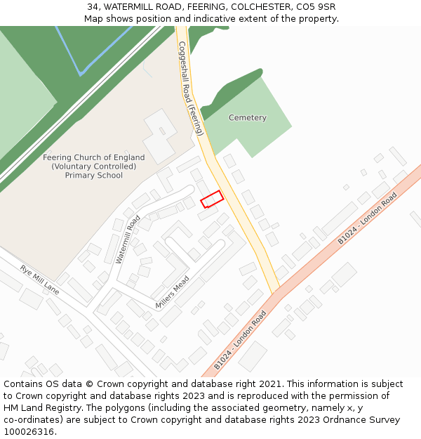 34, WATERMILL ROAD, FEERING, COLCHESTER, CO5 9SR: Location map and indicative extent of plot