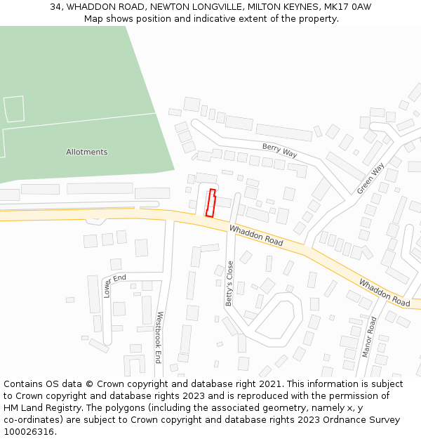 34, WHADDON ROAD, NEWTON LONGVILLE, MILTON KEYNES, MK17 0AW: Location map and indicative extent of plot