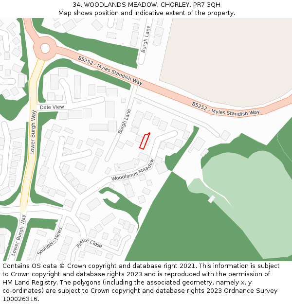 34, WOODLANDS MEADOW, CHORLEY, PR7 3QH: Location map and indicative extent of plot
