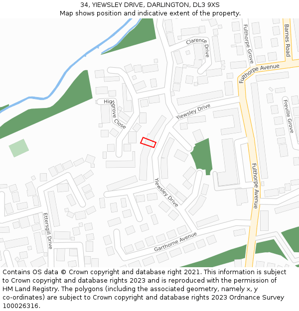 34, YIEWSLEY DRIVE, DARLINGTON, DL3 9XS: Location map and indicative extent of plot