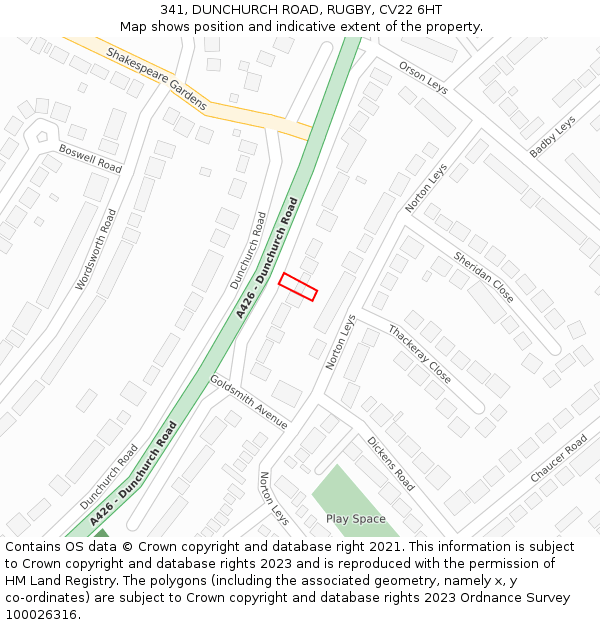 341, DUNCHURCH ROAD, RUGBY, CV22 6HT: Location map and indicative extent of plot