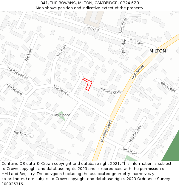 341, THE ROWANS, MILTON, CAMBRIDGE, CB24 6ZR: Location map and indicative extent of plot
