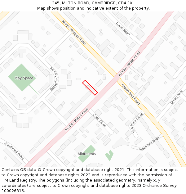 345, MILTON ROAD, CAMBRIDGE, CB4 1XL: Location map and indicative extent of plot