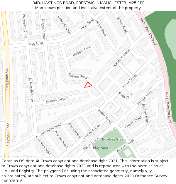 34B, HASTINGS ROAD, PRESTWICH, MANCHESTER, M25 1PF: Location map and indicative extent of plot