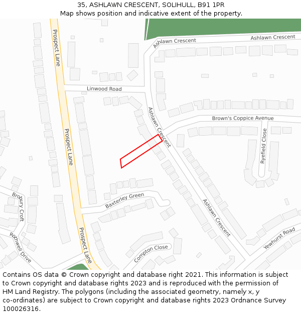 35, ASHLAWN CRESCENT, SOLIHULL, B91 1PR: Location map and indicative extent of plot